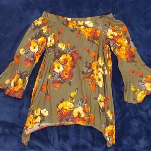 Green floral print, off the shoulder blouse
